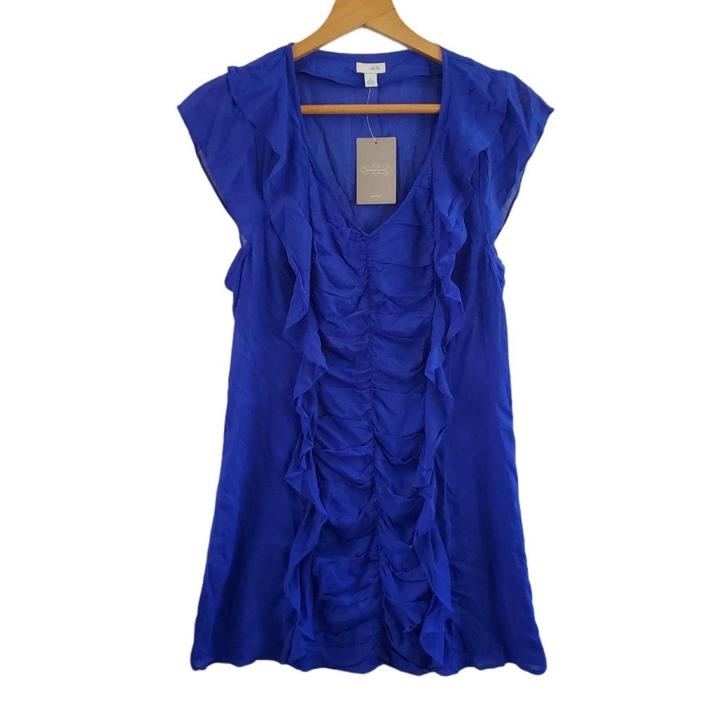 Anthropologie Odille Lissome Mini Dress 8 Blue Rayon Cap Slv V-Neck Ruffle Front